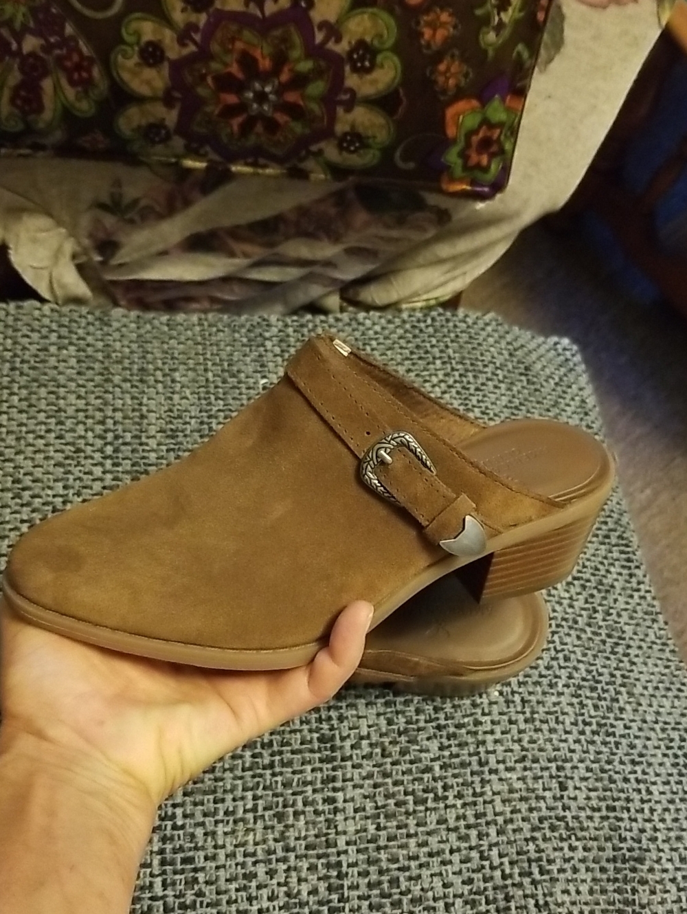 American Eagle Outfitters Brown Suede Slip-On Mule with Buckle Accent